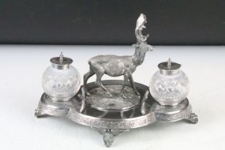James Dixon Victorian Silver Plate Standish or Inkstand mounted with a stag and two glass inkwells
