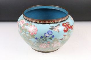 Cloisonné Jardiniere decorated with a bird and flowers on a blue ground, 30cm diameter