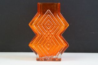 Whitefriars glass vase double diamond tangerine glass vase. Measures 16cm tall.