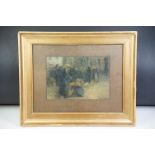 19th / 20th century Gilt Framed Oil Painting of a Flemish City View with figures, 17.5cm x 26cm