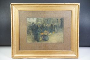 19th / 20th century Gilt Framed Oil Painting of a Flemish City View with figures, 17.5cm x 26cm