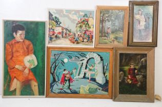 Group of six 20th Century paintings to include two featuring girls, one female portrait and three