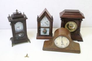 Group of four mahogany mantel clocks to include an Ansonia Clock Co. Sharon Eight Day Strike (37cm