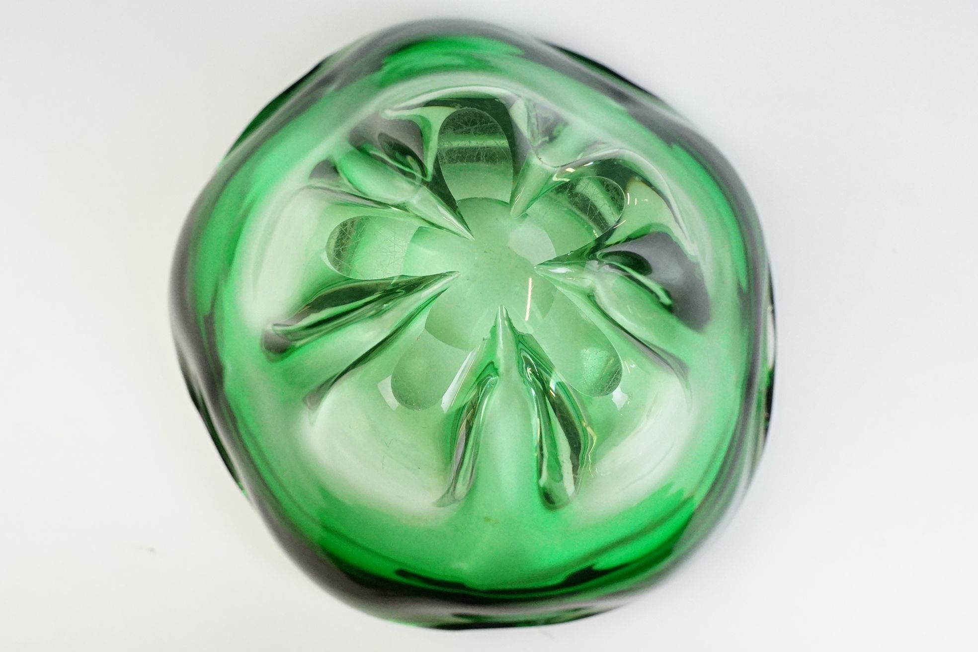 Two pieces of mid Century Czech green glass bowls to include a lobed bowl and fanned rim footed - Image 6 of 11