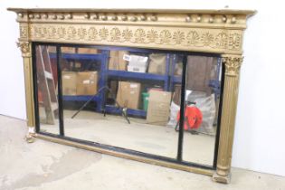 19th century Gilt Framed Triple-panel Overmantel Mirror with classical decoration, 77cm high x 132cm