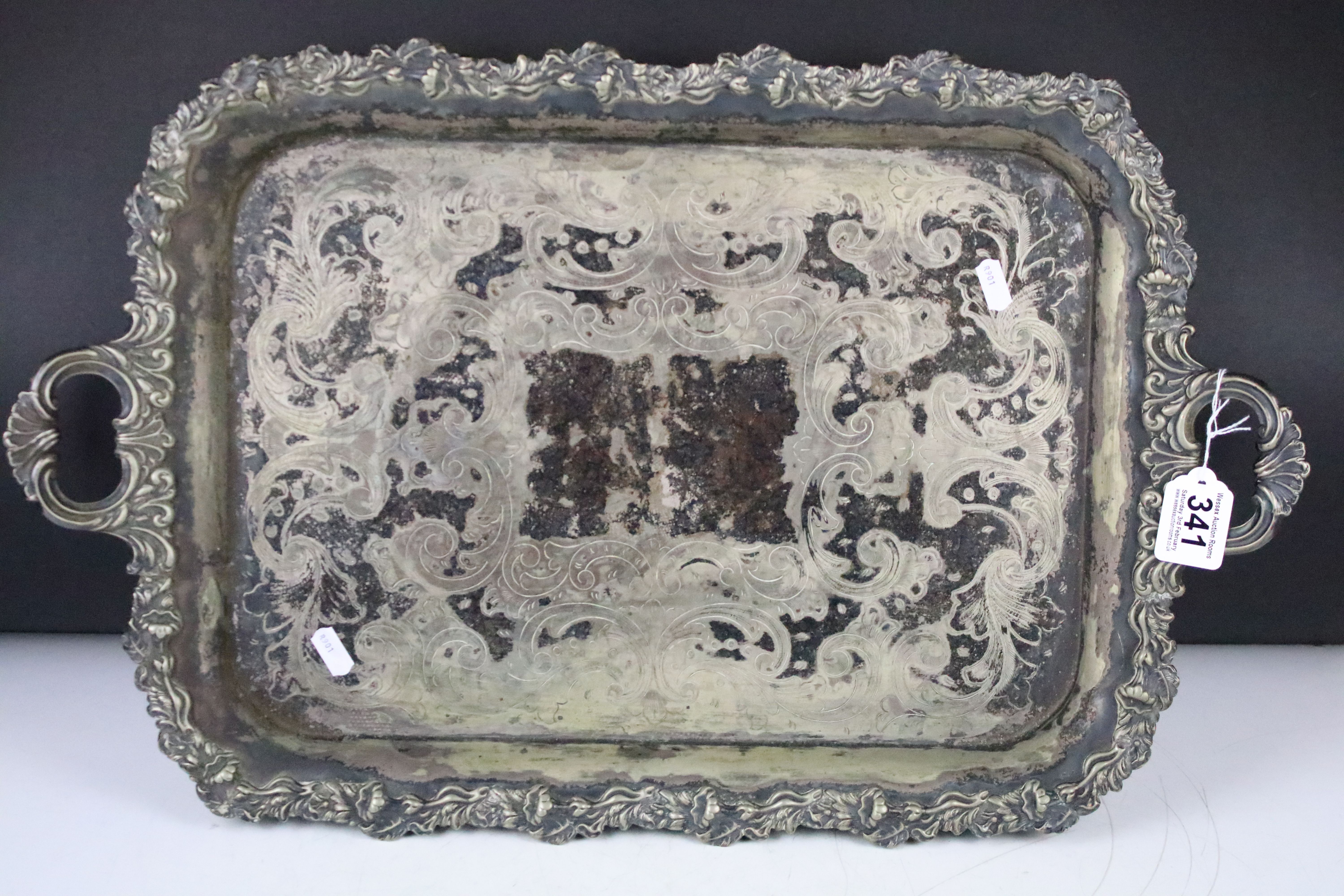 Late 19th / early 20th century silver plated rectangular serving tray with cast scrolling & floral - Image 2 of 7