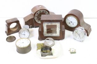 Collection of clocks & clock parts to include an Art Deco mahogany mantle clock, Bayard Stentor