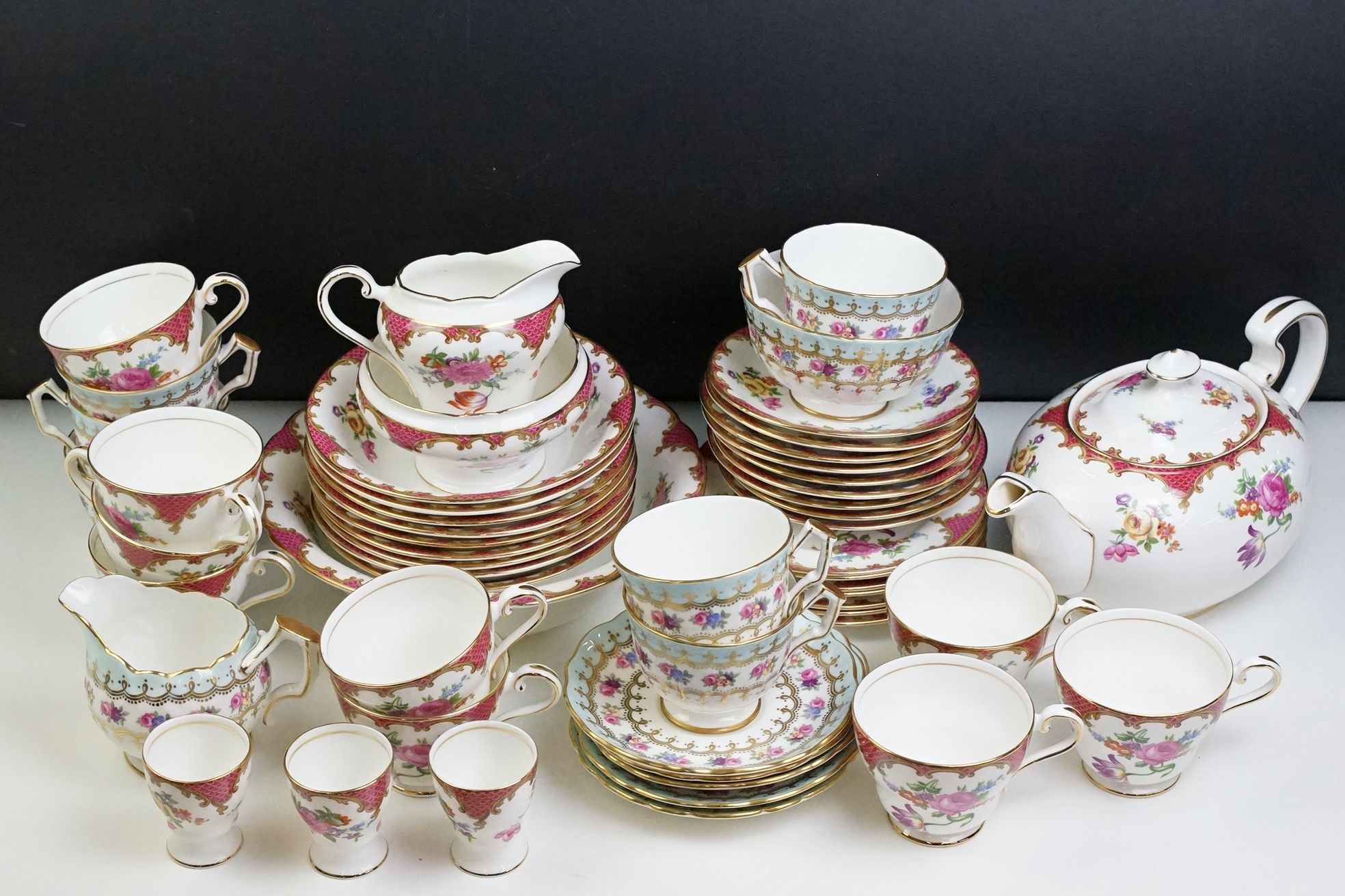 Aynsley porcelain floral tea set, pattern no. B971, to include teapot, 8 cups, 9 saucers, 7 tea