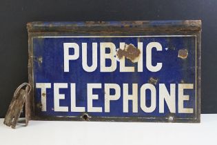 Vintage ' Public Telephone ' double sided enamel sign, with white lettering on blue ground, approx