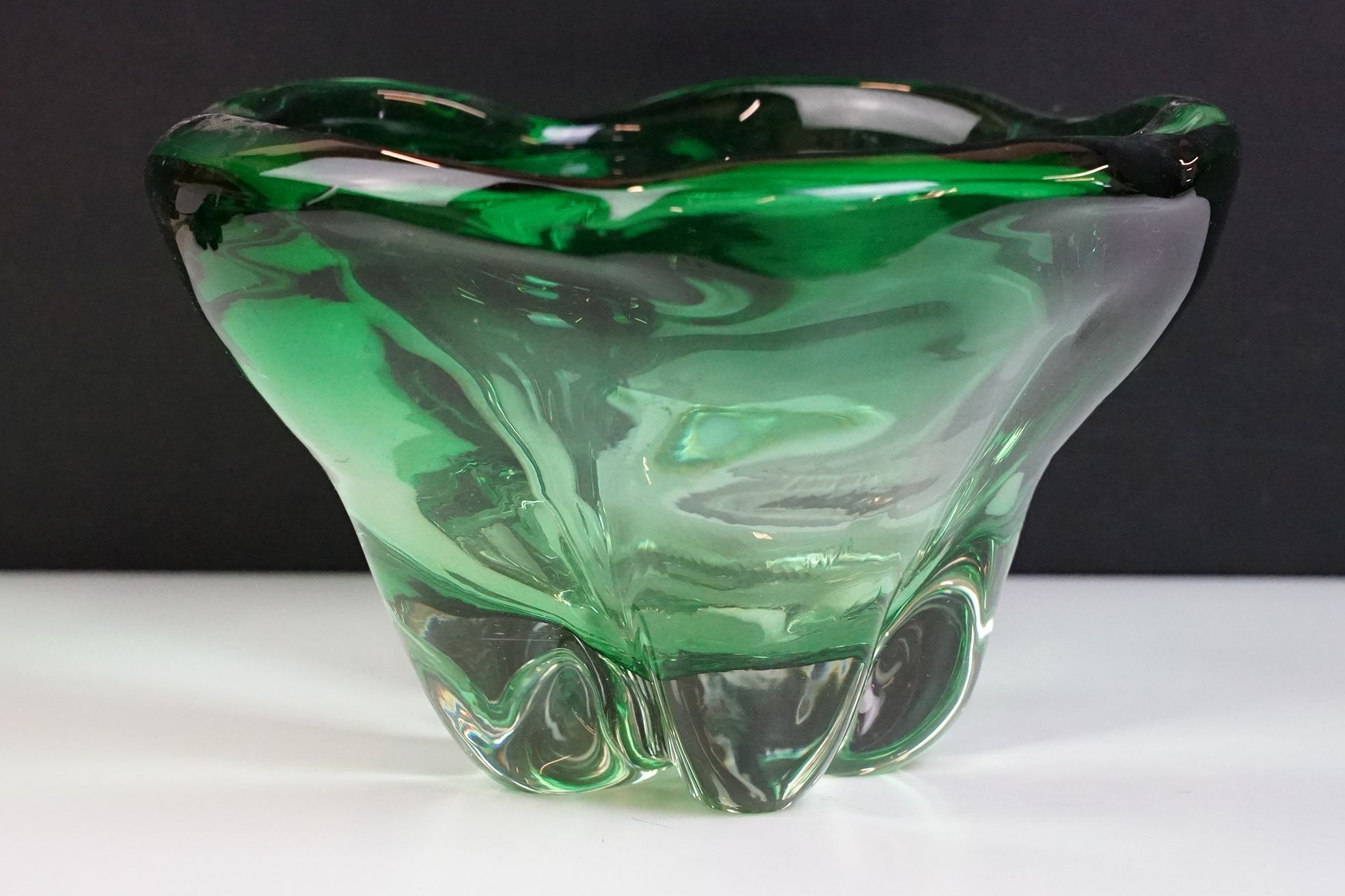 Two pieces of mid Century Czech green glass bowls to include a lobed bowl and fanned rim footed - Image 2 of 11