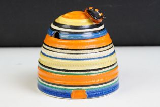 Clarice Cliff for Newport Pottery Bizarre Liberty Banded Beehive Honey Pot, with cover, printed