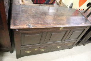 18th century Oak Mule Chest, hinged lid, interior with hinged lid candle box, three panel front over