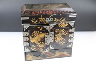 Chinese black lacquered table top cabinet, with painted & gilt decoration of birds & tress, with