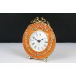 Ornate Gilt Metal and Orange Enamelled Table Clock, 12cm high