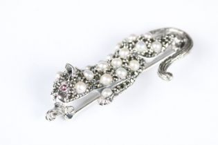 Silver and Freshwater Pearl Cat Brooch with Ruby Eyes