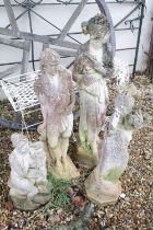 Four reconstituted stone garden statues of classical style figures, tallest approx 112cm high