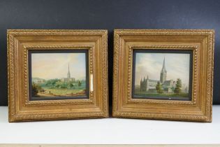 English School, Salisbury Cathedral from the Meadows, oil, a pair, each 16 x 13cm, each gilt framed