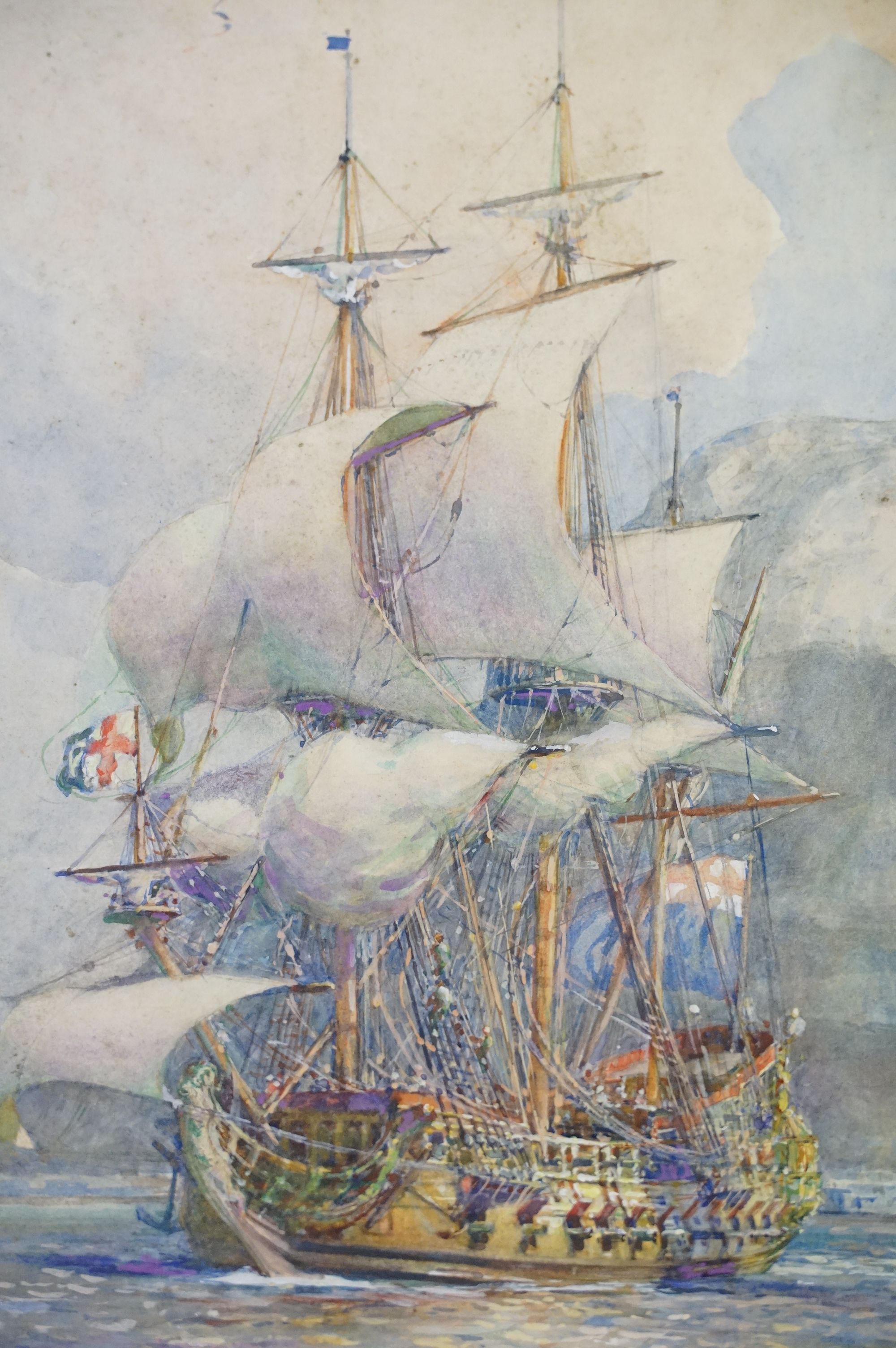 Gregory Robinson (1876 - 1967), The "Worcester" off Gibraltar in 1652, watercolour, signed lower - Image 3 of 6