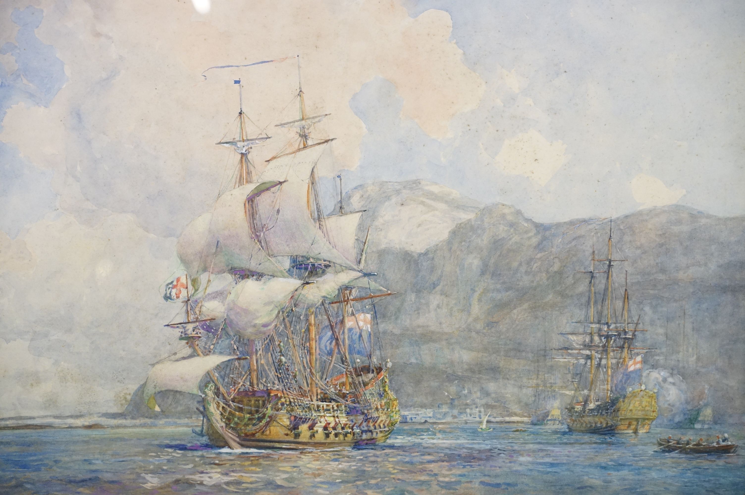 Gregory Robinson (1876 - 1967), The "Worcester" off Gibraltar in 1652, watercolour, signed lower - Image 2 of 6