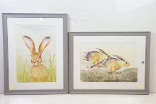 English School, hare amongst grasses, watercolour, signed indistinctly lower right and another by