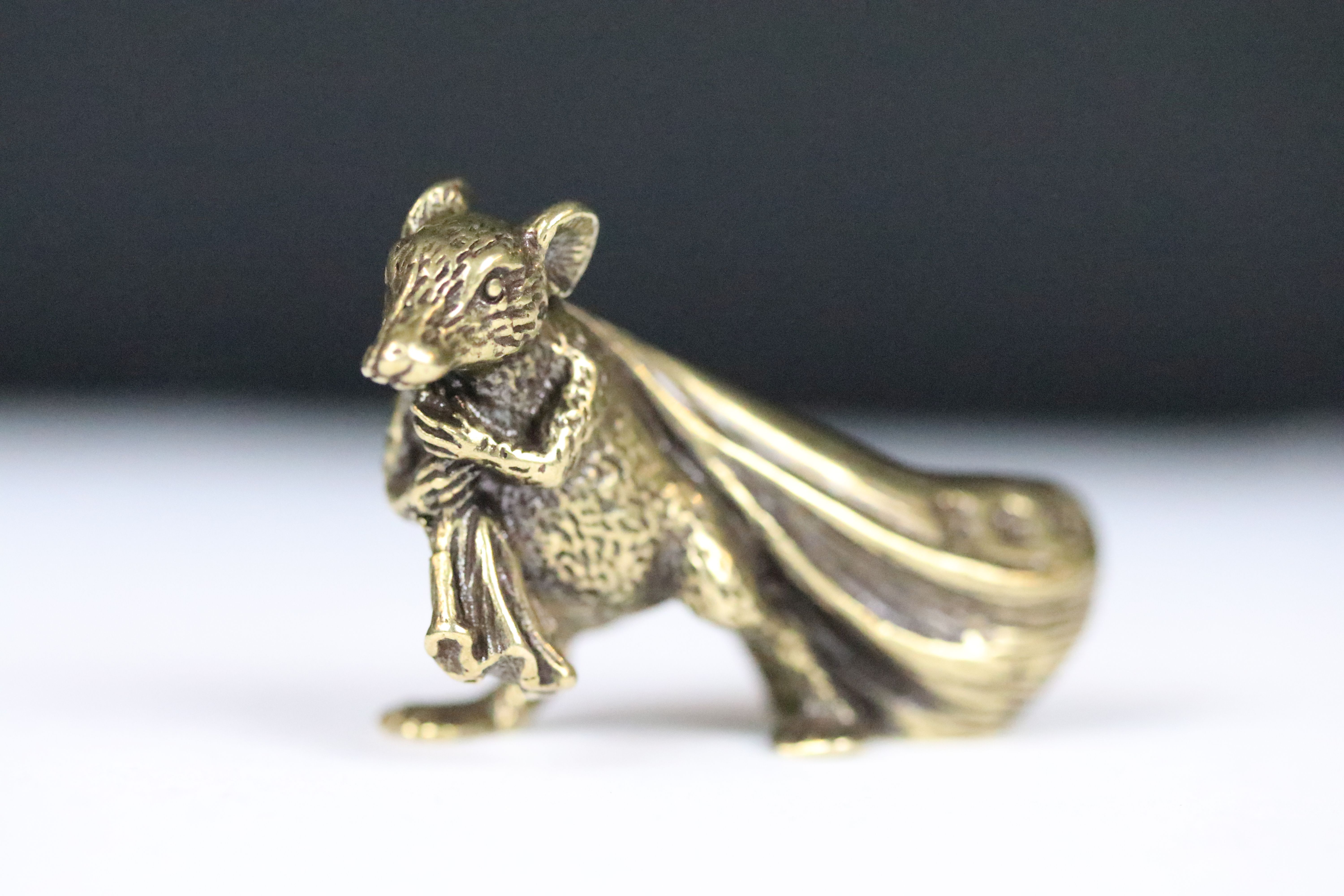 A Chinese ornamental Solid brass lucky fortune rat with character marks to bag, measures approx