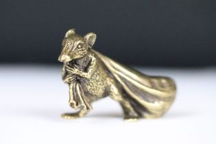 A Chinese ornamental Solid brass lucky fortune rat with character marks to bag, measures approx