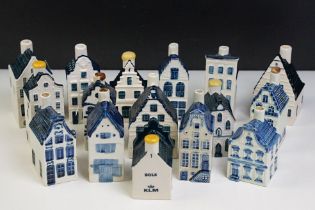 Collection of 16 Delft / KLM porcelain flasks modelled as houses, tallest approx 10.5cm