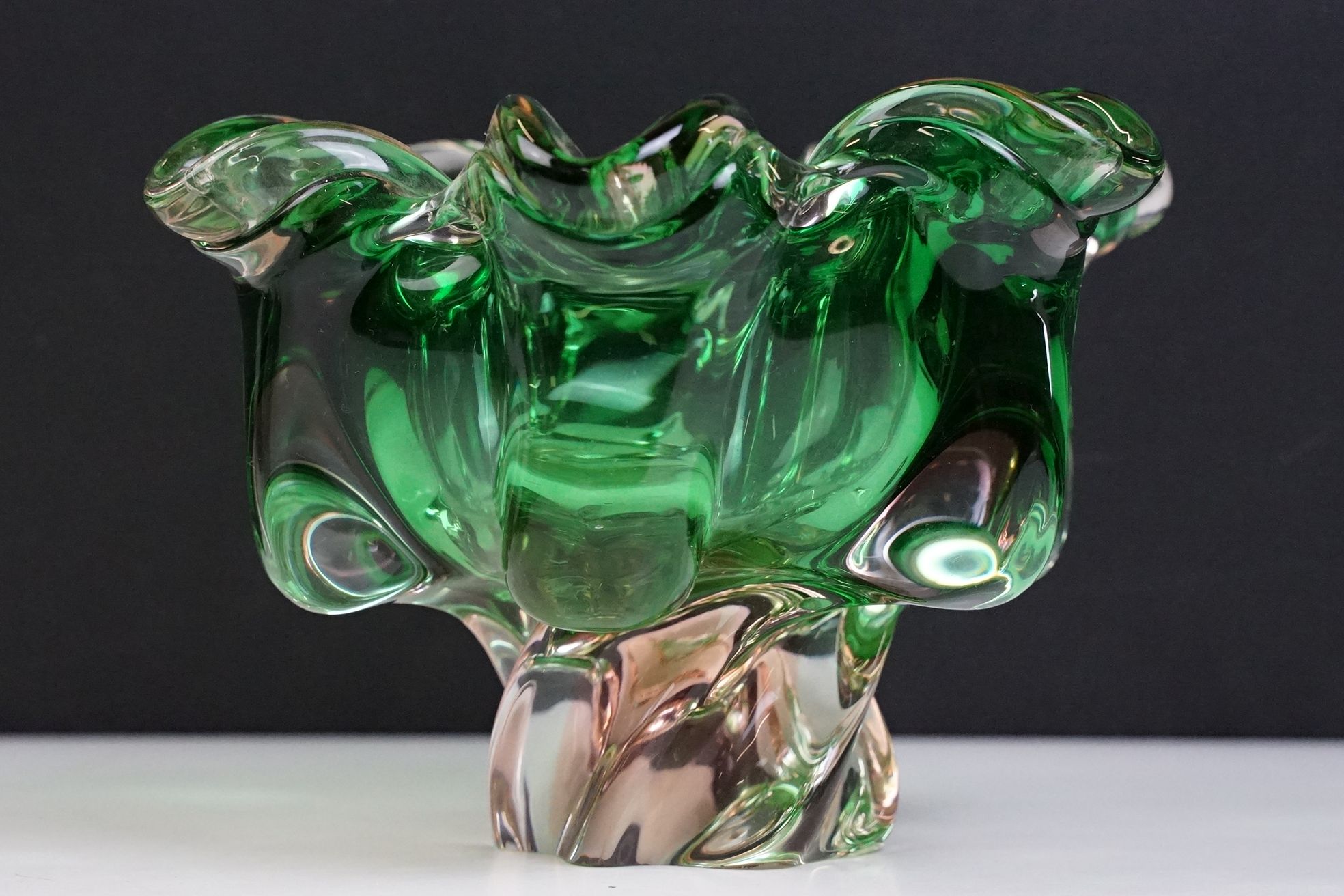 Two pieces of mid Century Czech green glass bowls to include a lobed bowl and fanned rim footed - Image 10 of 11