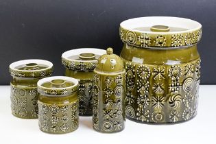 Set of four Portmeirion 'Totem' green glazed ceramic storage jars and sugar shaker (approx 17cm