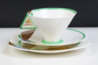 Shelley Art Deco Vogue Sun Ray pattern tea cup trio having an angular shape, with green, blue and