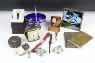 A small group of mixed collectables to include wristwatches, pocket watches, travel clock, cigarette