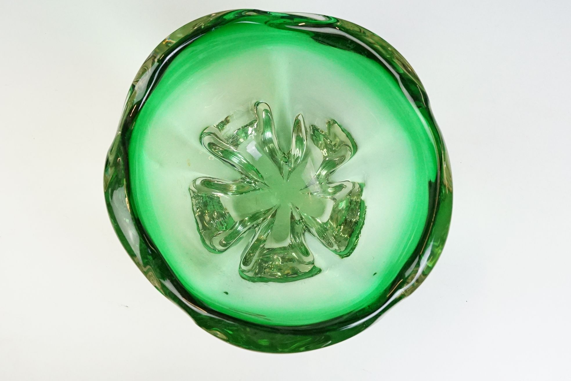 Two pieces of mid Century Czech green glass bowls to include a lobed bowl and fanned rim footed - Image 3 of 11