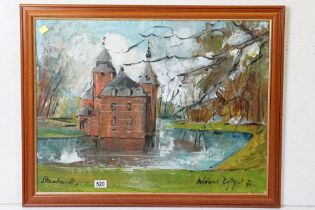 20th century oil on board painting of a Belgian chateau, signed & dated 1971, approx 71cm x 54cm,
