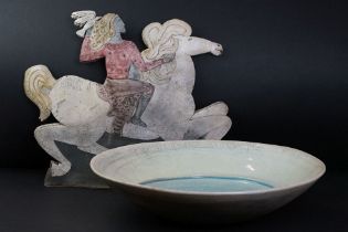 Pottery sculpture of an ancient mythical style figure, with dove in hand, riding a horse, signed