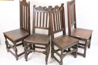 Four similar 17th or 18th century Country Oak Chairs, three with scrolling carved top rails and