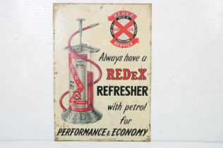 Vintage Redex tin plate refresher advertising sign featuring a oil can with black and red lettering.