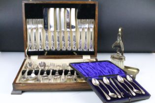 A canteen of silver plated cutlery together with a cased set of hallmarked silver teaspoons and a