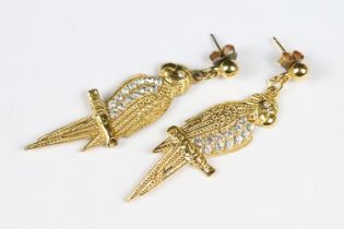 Gilt Metal and Diamonte Parrot Earrings sat on a perch