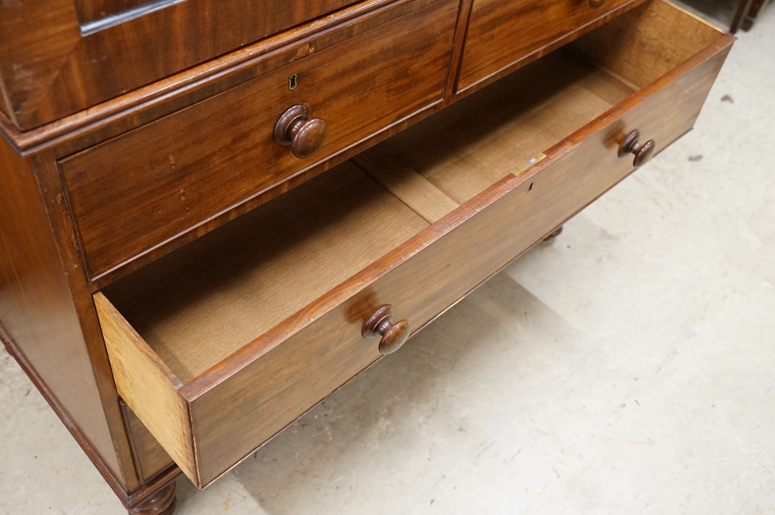 Early 19th century Mahogany Linen Press, the two panel doors opening to four tray slides, over two - Image 7 of 8