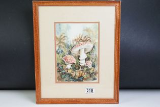 Elizabeth De Lisle, Framed Watercolour of a Nature Scene with Snail amongst Ferns and Mushrooms,