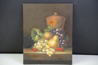 20th Century oil on board painting depicting a still life of fruit. Sigen to lower right corner '
