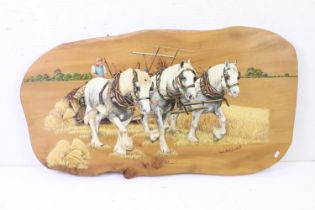 Pine panel with painted scene of a three grey shire horses drawing a thrashing machine and