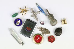 Mixed Collectables including 1883 King of Hawaii Enamelled Coin Brooch, Miniature Bone Binoculars