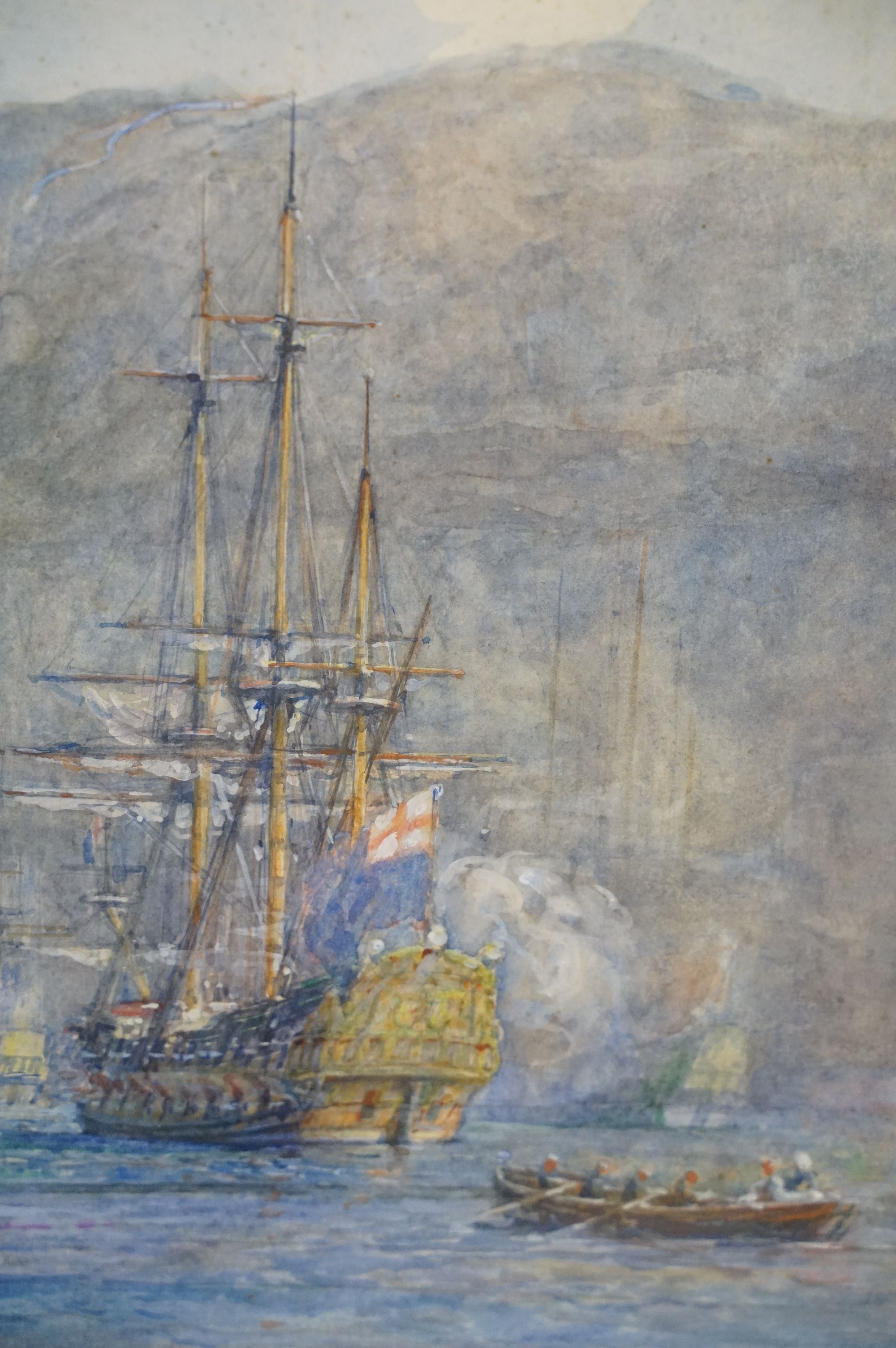 Gregory Robinson (1876 - 1967), The "Worcester" off Gibraltar in 1652, watercolour, signed lower - Image 4 of 6