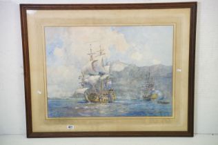 Gregory Robinson (1876 - 1967), The "Worcester" off Gibraltar in 1652, watercolour, signed lower