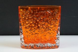 Whitefriars tangerine nail head glass vase of square form. Measures 11.5cm tall.