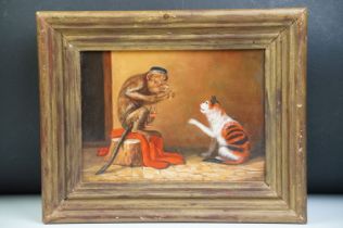 Oil on Panel, Satirical Scene with Cat and Monkey holding a set of scales,