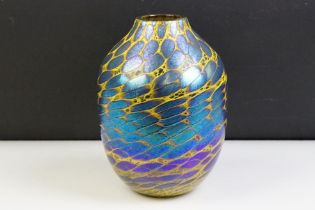 Studio Glass Vase with iridescent blue and yellow patterning, approx 20.5cm tall