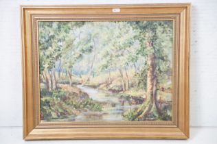 English School, trees at the riverbank, oil on canvas, signed indistinctly lower left possibly J