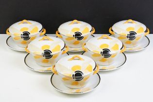 Shelley Art Deco sunray pattern lidded bowls and stands. The bowls painted in yellow and black.